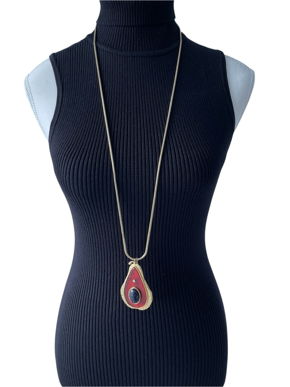 Juicy Couture Gold-Tone Long Pear Pendant Necklace with Brown and Blue Teardrop